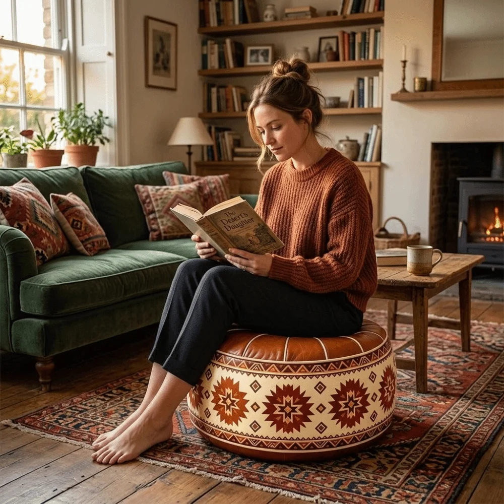 Boho Style Sofa Stool Cover Unstuffed Waterproof Round Footstool Cover Large Capacity Geometric Pattern Clothes Storage Bag