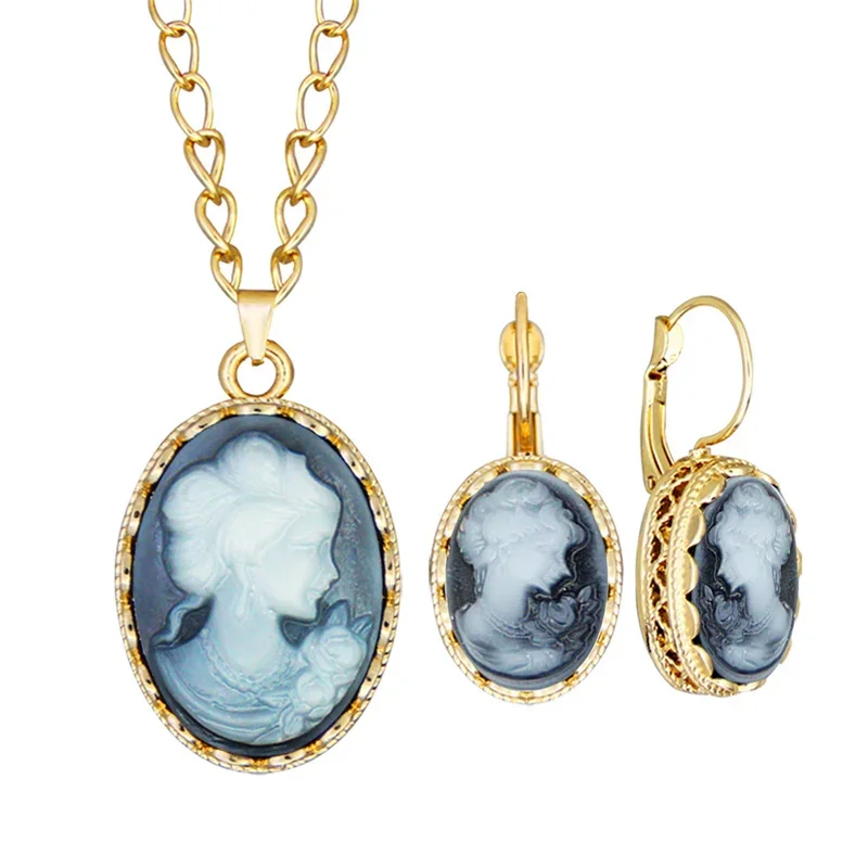 Vintage Lady Queen Pink Cameo Jewelry Set For Women Gold Color Pink Blue Gray Fashion Flower Cameo Necklace Earring Set