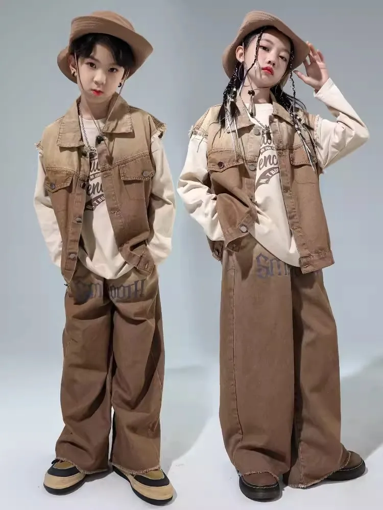 2023 Children Jazz Costume Hip Hop Dance Clothes Retro Brown Vest Pants Long Sleeves Tops Girls Performance Suit Boys BL11834