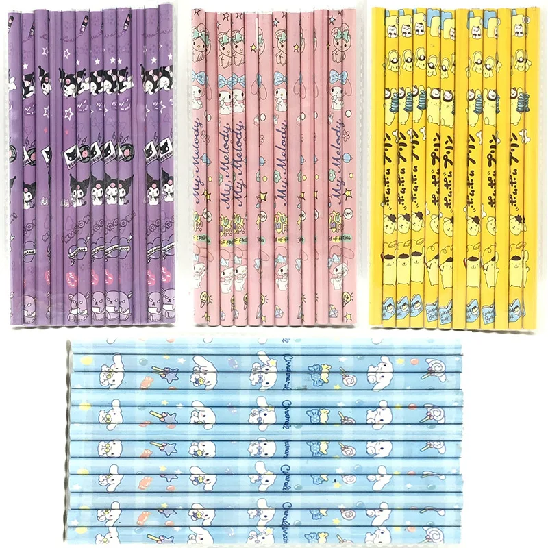 Cute 12Pcs Set Sanrio Pencils Pupil Students Stationery Anime My Melody Kuromi Cinnamoroll Practical School Supplies Kids Gifts