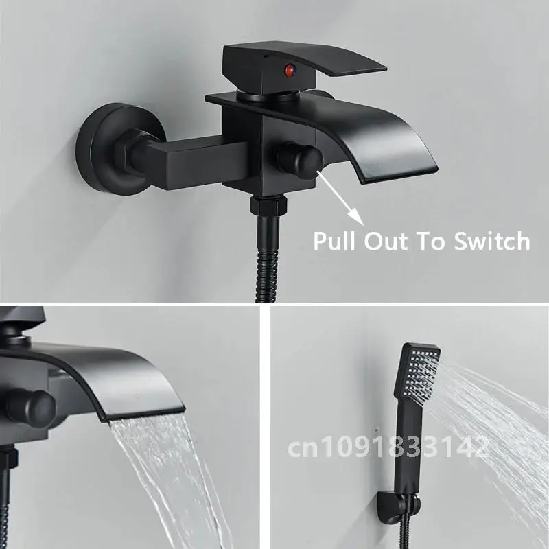 Shinesia Black Bathroom Faucet Waterfall Concealed Bathtub Faucets Wall Mounted Shower System Tub Tap With Plastic Hand Shower