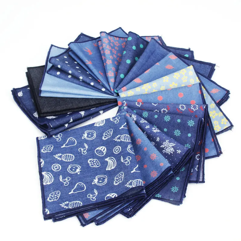 Solid Color Denim Cotton Handkerchiefs Navy Flower Dot Print Pocket Square Mens Casual Pockets Handkerchief Towels Wedding Hanky