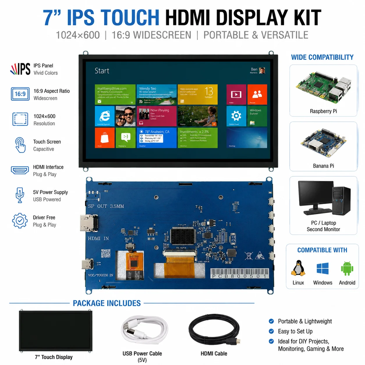 

7 inch LCD Display HDMI-compatible Touch Screen 1024x600 Resolution Capacitive Touch Screen Support Systems for Raspberry Pi PC