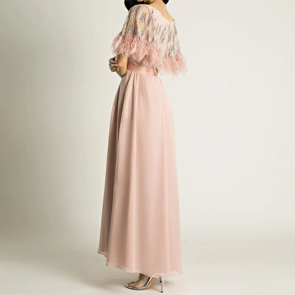 Customized Chiffon A-Line Feathers Sashes and Crystal Evening Dress V-Neck Half Sleeves Floor Length Delicate платье вечернее