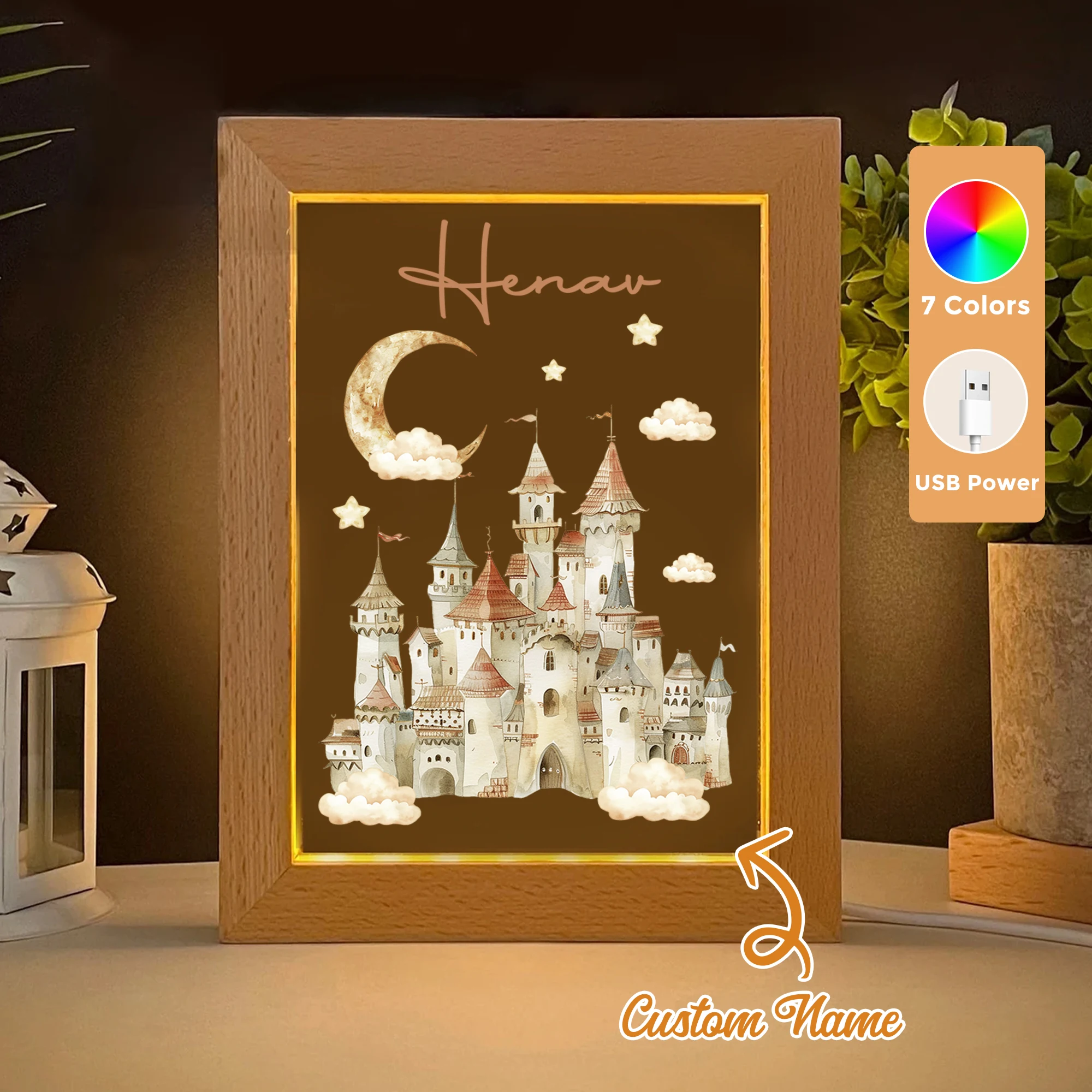 

2D Flat Custom Name Cartoon Castle LED Acrylic Night Light Wood Photo Frame 21x17cm Children Bedroom Gifts Home Decor