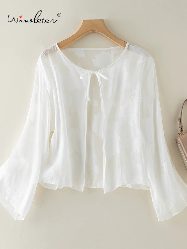 

Winsleter-Women 100%Real Silk Elegant Shirt, Flare Sleeve O Neck, Commute Loose Thin Sunscreen Blouse, 2025 Autumn New T58737CC