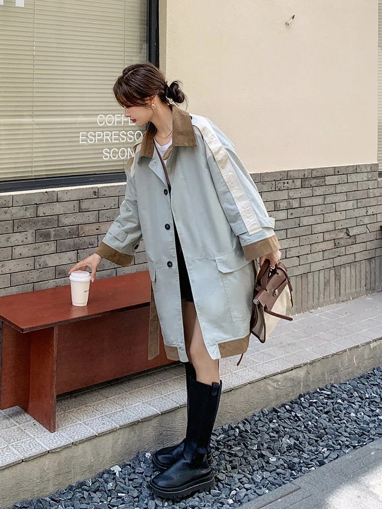 LANMREM Trench Coat Women Mid-length 2024 Spring Loose British Style Color Block Lapel Single Breasted Belt Windbreaker 2R7807