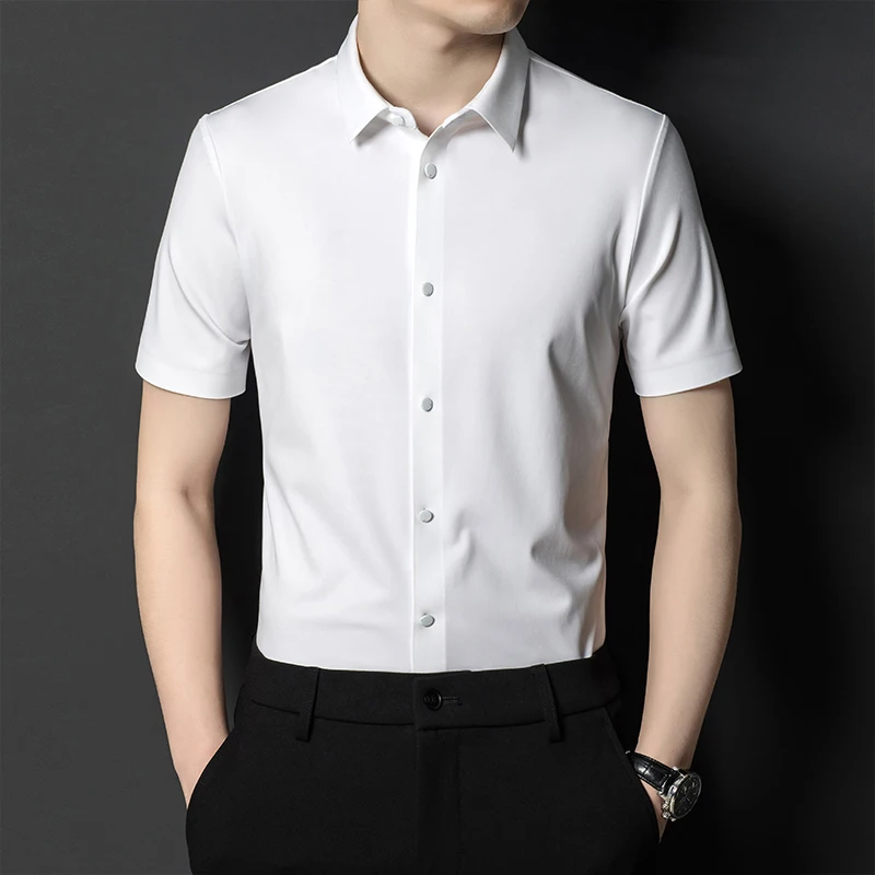 New High Stretch Anti-Wrinkle Men\'s Shirts Short Sleeves Dress Shirts For Men Slim Fit Social Business Blouse White Shirt S-4XL