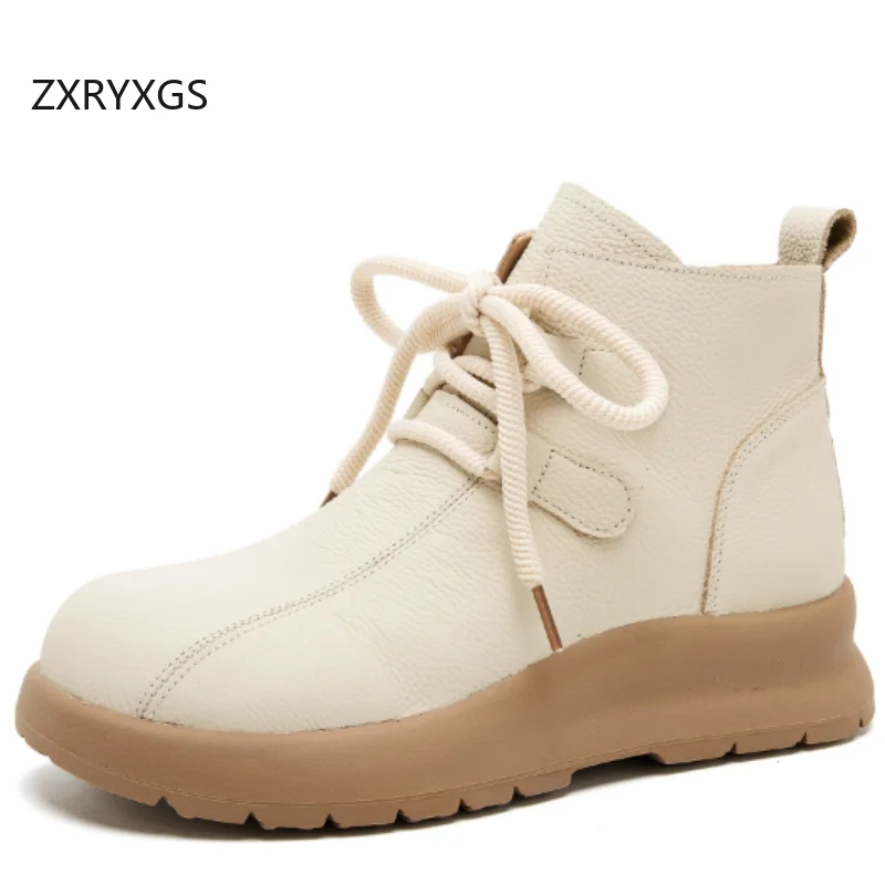 

ZXRYXGS New Fashion Genuine Leather Boots Single Shoes 2025 Winter Cowhide Wool Boots Flat Thick Sole Women Warm Snow Boots Tide