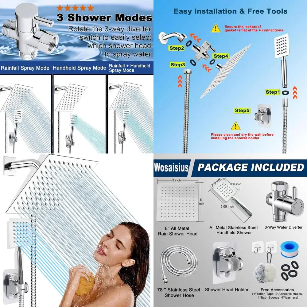 

8-дюймовая цельнометаллическая душевая лейка квадратной формы с 78-дюймовым шлангом из нержавеющей стали и 3-ходовым переключателем, хромированная