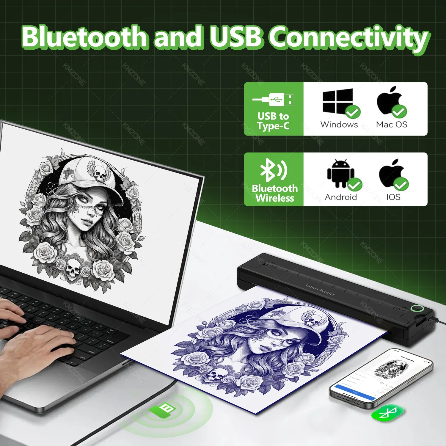 A4 Thermal Tattoo Transfer Bluetooth Printer Machine Mini Wireless Tattoo Stencil Print Maker for Tattooist Black and Papers