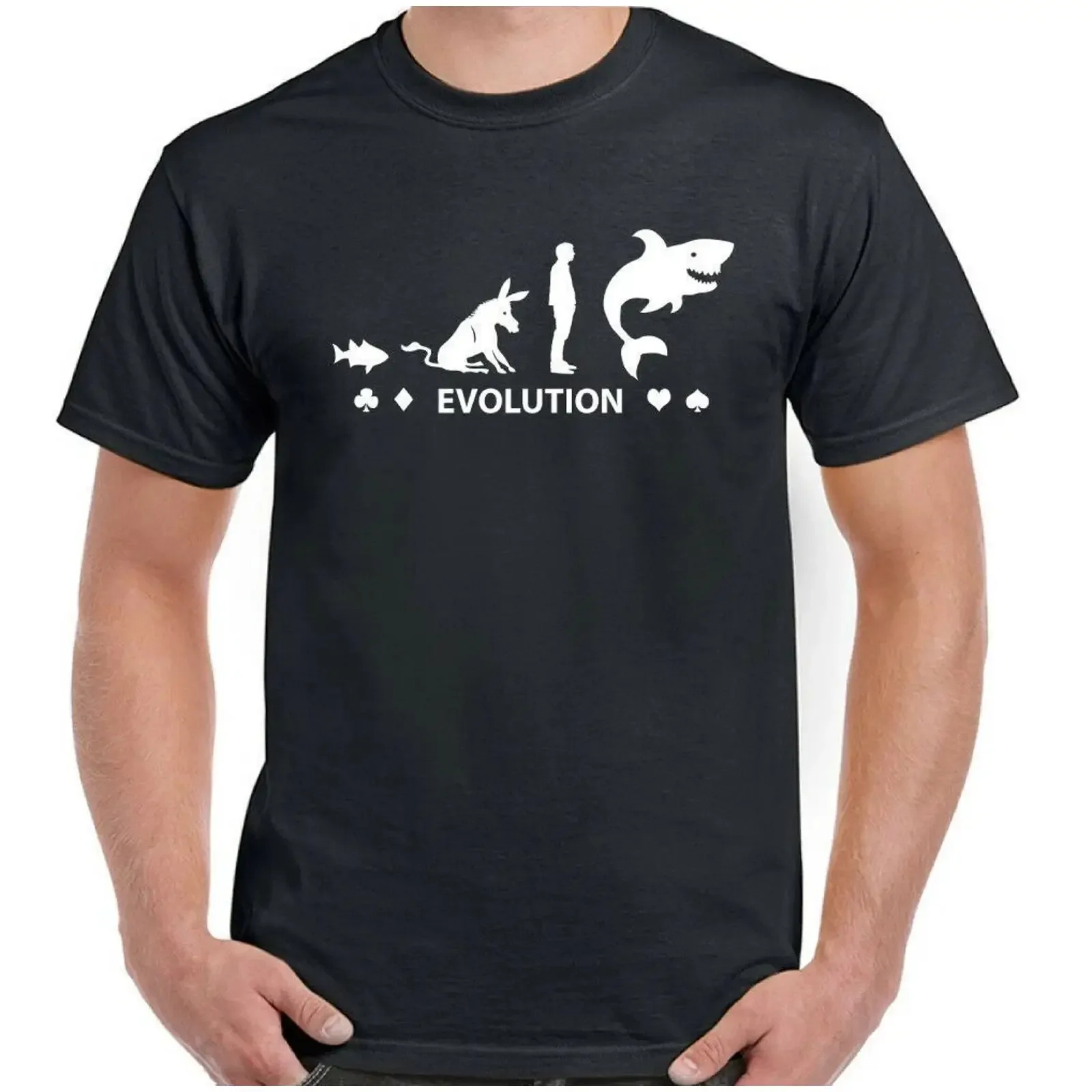 Camiseta masculina Poker T Shirt Fish To Shark Evolution, divertida, vintage, lavada, elegante, para uso diário, confortável e ligeiramente elástica