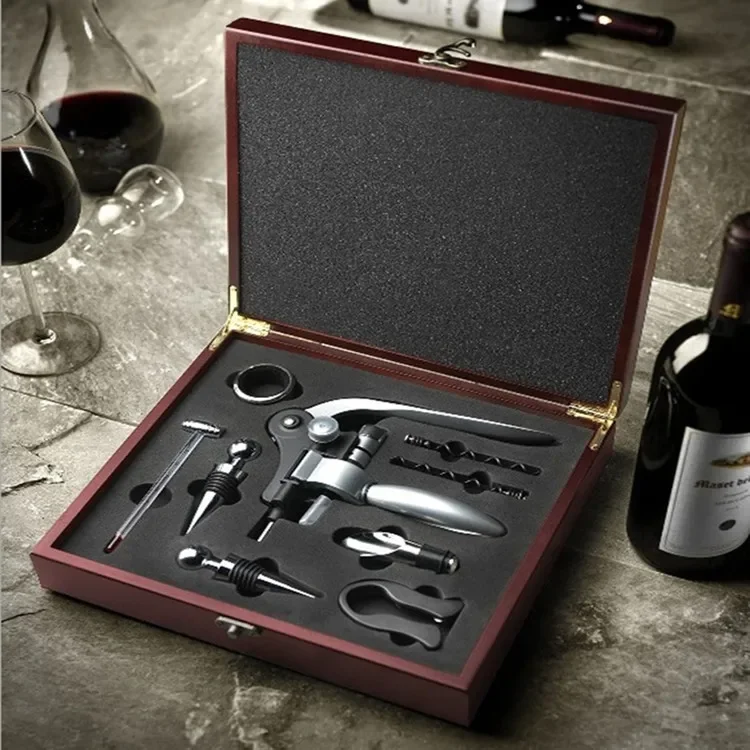 Wine Corkscrew Gift Set Wooden Box Nine-Piece Set Set Gift Box Leather Box  Screwdriver Cork