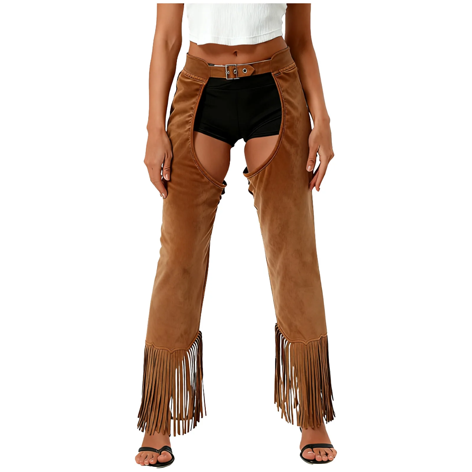 

Women Vintage Cowgirl Chaps Adjustable Buckles Open Crotch Split Fringe Suede Pants for Halloween Theme Party Cosplay