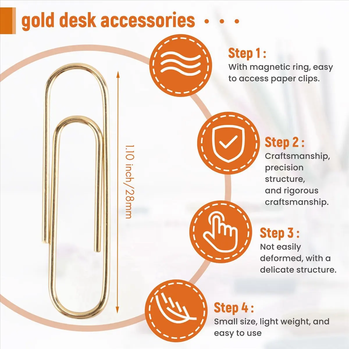 Gold Paper Clips in Elegant Magnetic Marble White Clip Holder, 28mm, 100 Clips per Box