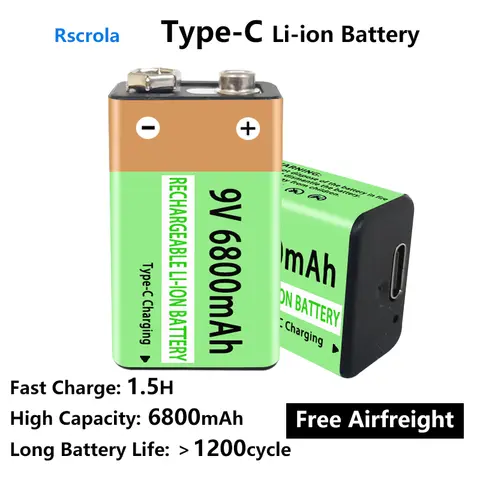 High Capacity 9V Batteries 6800mAh Type-C Battery for Smoke Detector Guitar Garage Door Opener Guitar Pedals Smoke Alarm Battery