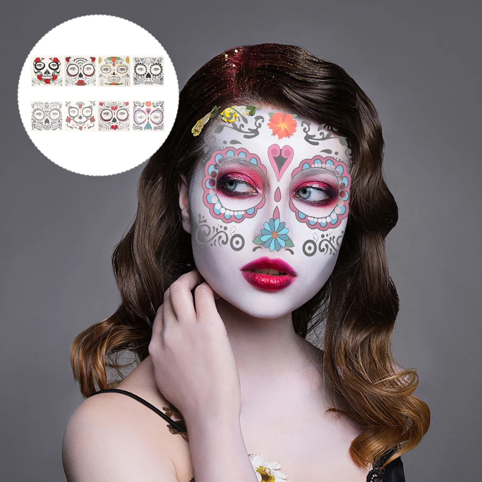 

8 Sheets Waterproof Face Stickers Halloween Decals Transfer Tattoos Eye Makeup Masquerade Party Dead Costumes Decorations Safe
