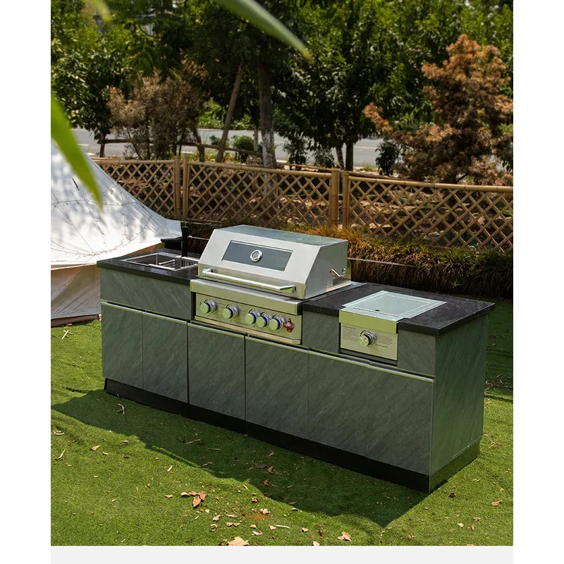Stainless Steel Embedded Dual Fuel Gas Charcoal Grill Outdoor Patio Garden BBQ with 4 Burners 5 People Capacity
