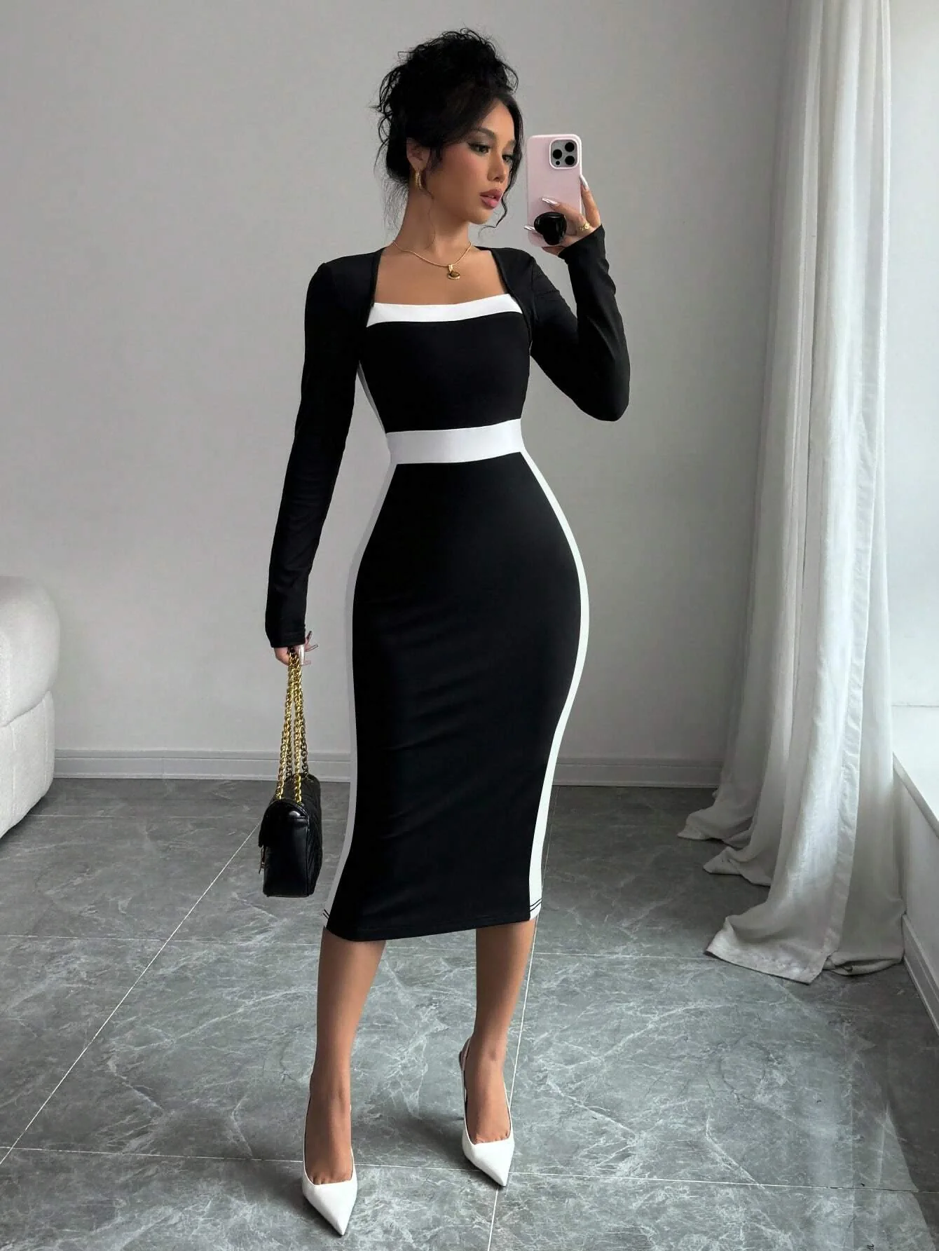 Color Blocking Square Neck Fashion Mid Length Dress Autumn Women's Sexy Slim Bodycon Dress Long Sleeve Package Hips Pencil Dress