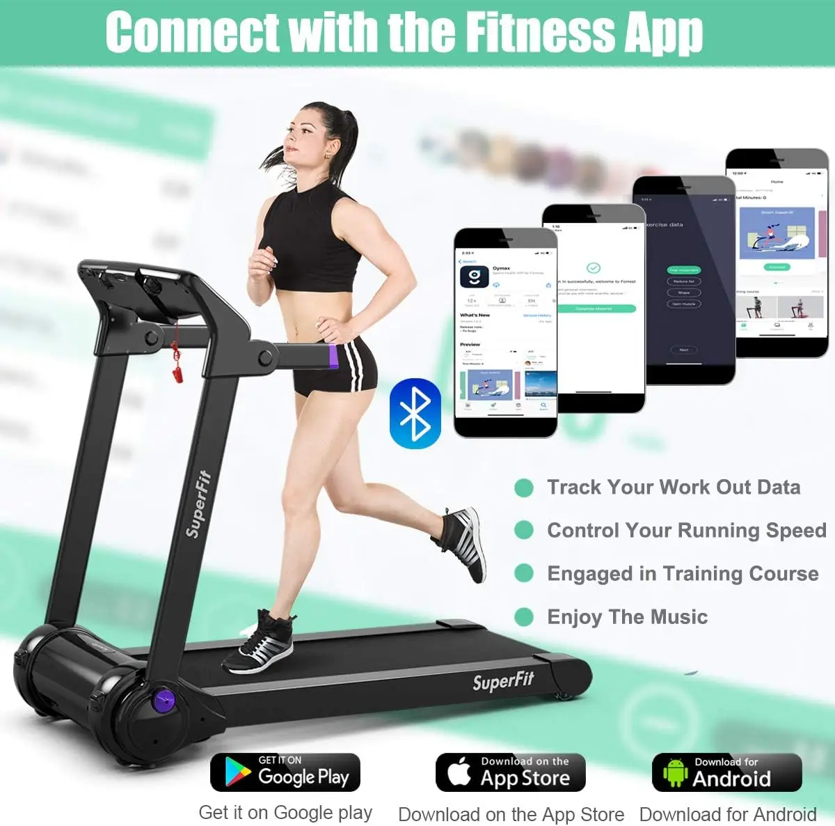 Folding Electric Treadmill 3HP, Self-Standing Treadmill with App Control, Bluetooth Speaker, HD Touchscreen, No Assembly Needed, Walking Jogging Running Machine for Home Office Use