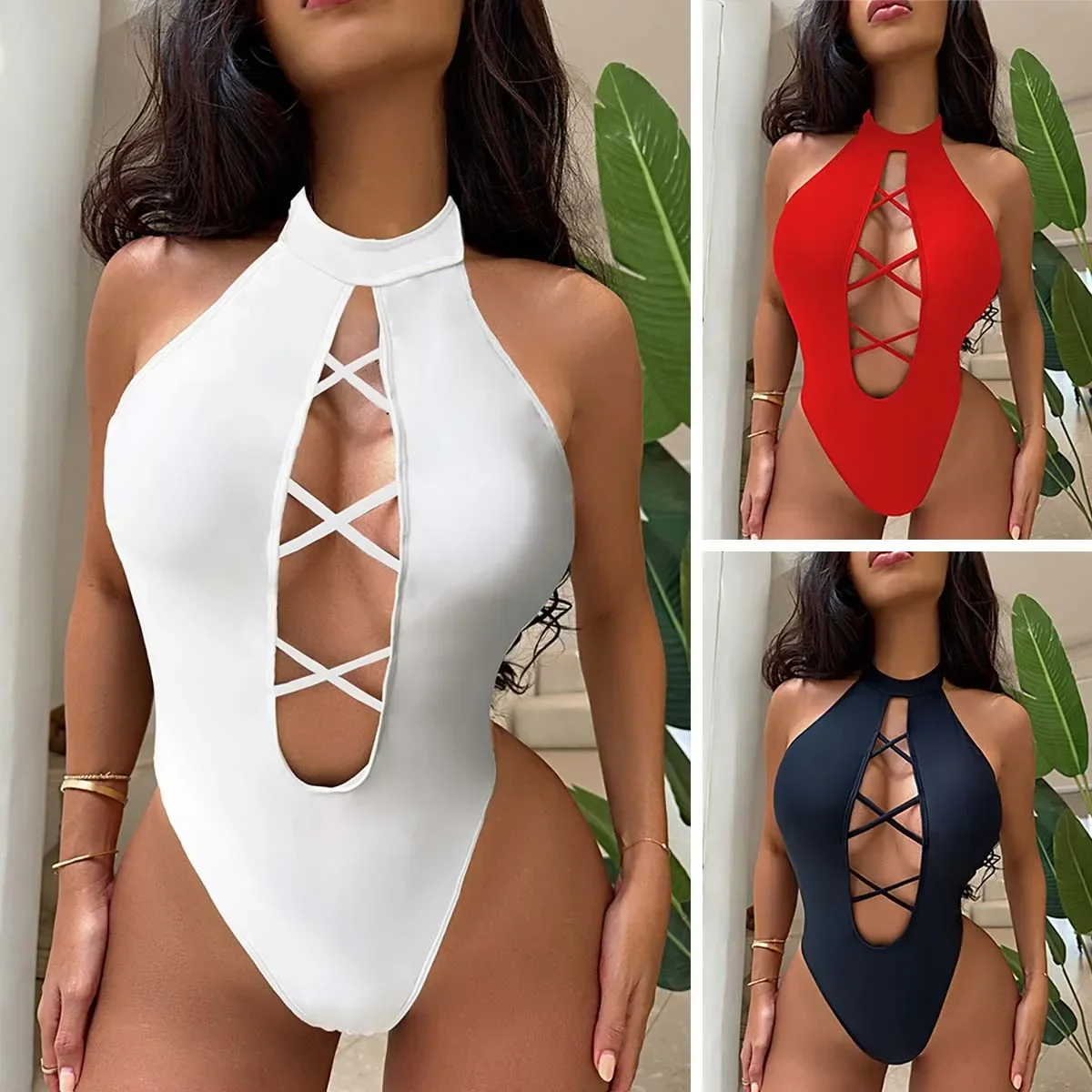 Sexy Hollow Out One Piece Swimsuit For Women Cut Out Monokini Push Up Swimwear Women String Bandage High Waisted Bathing Suit