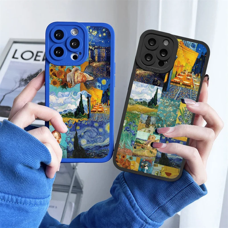 Vintage Van Gogh Phone Case for iPhone 13 12 11 14 Pro Max Puzzle Illustration Phone Back Cover for iPhone 8 7 Plus SE2 X XS XR