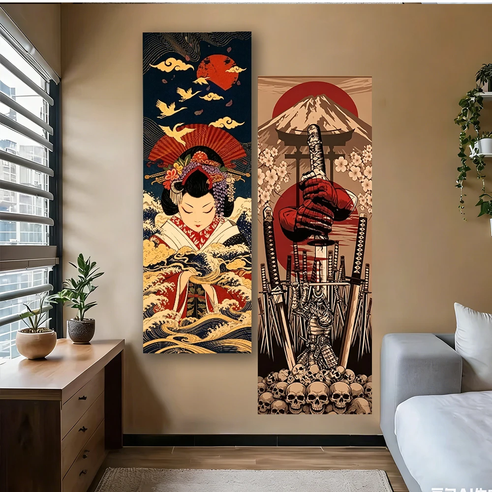 Tapiz Vintage Japonés de Guerrero Samurái, Tapiz de Pared de Tela con Espada y Calavera de Flor de Cerezo, Regalo Perfecto para Fanáticos del Anime Samurái