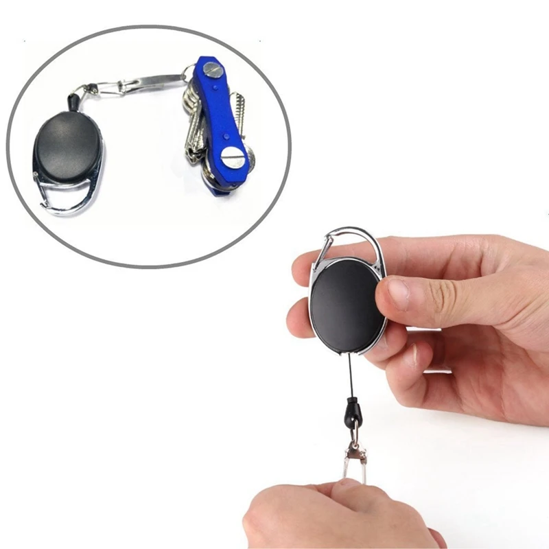 Hot-3X Heavy Duty Retractable Carabiner Badge Tinker Reels 60Cm Pull Wire With Key Ring Clip Black