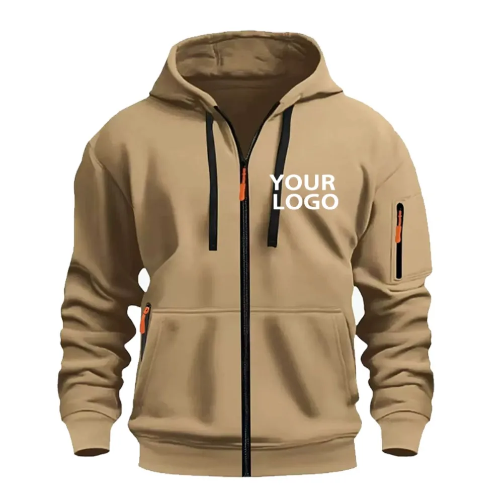Customize Your Own Logo for Free, Men's New Casual Sports Hoodie, Full Zipper Pocket Sweatshirt, Fashion Arm Pocket, Outdoor Lon