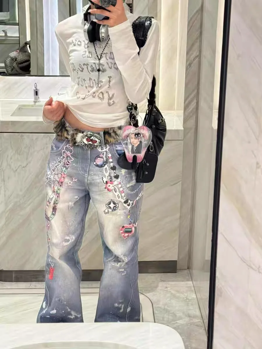 

Американские ретро джинсы с цепочкой и принтом для женщин, новый осенний дизайн, свободные широкие прямые брюки, модные