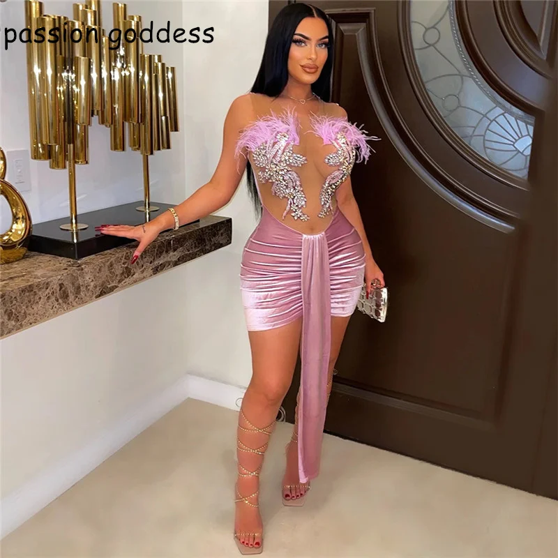 2023 Women Summer See Through Mesh Velvet Sexy Bodycon Night Club Party Dresses Crochet Flower Feather Ruched Chic Evening Dress