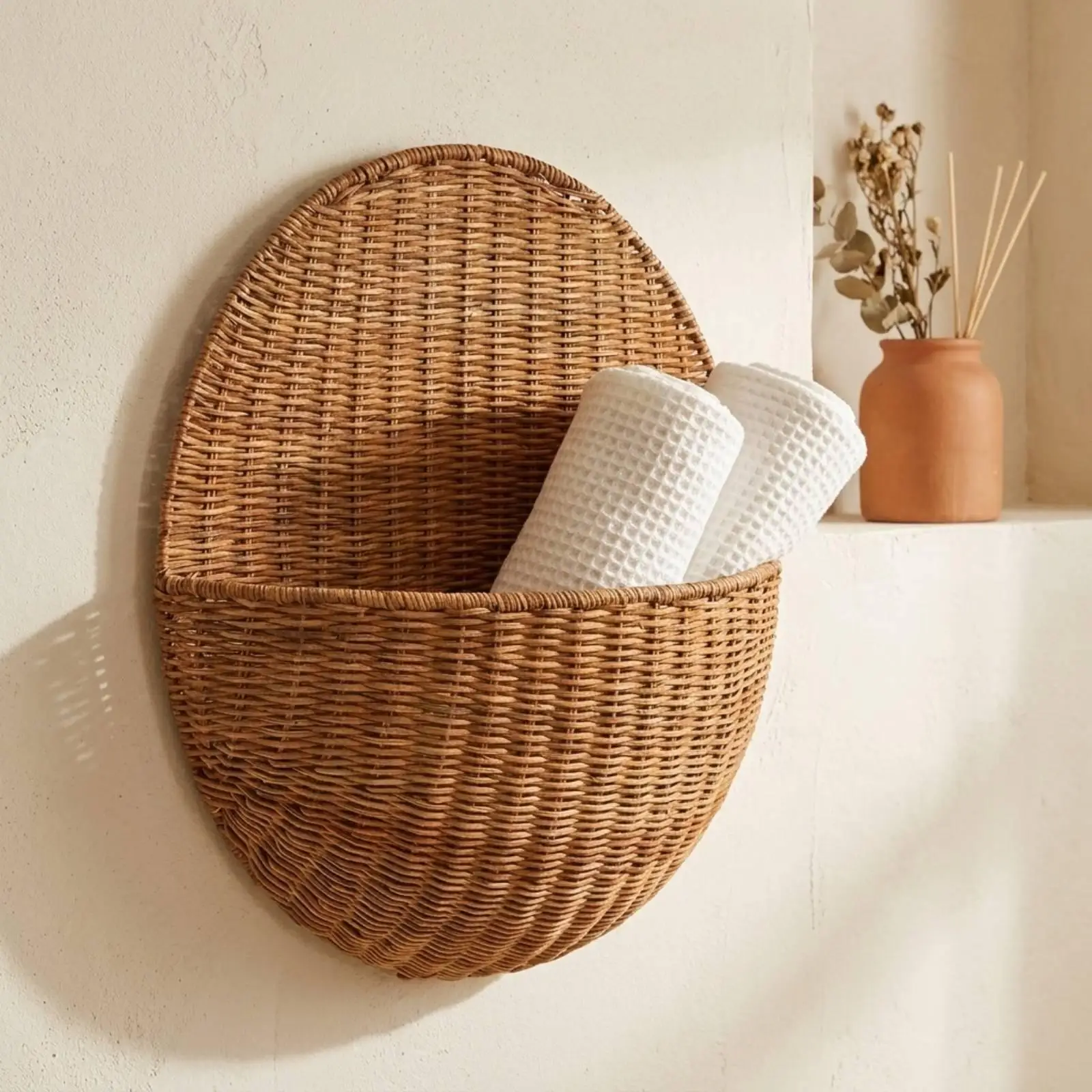 Wall-Attached Woven Rattan Basket Versatile Woven Wall Storage Basket Space Saving for Small Item Organization, Entryway, Living