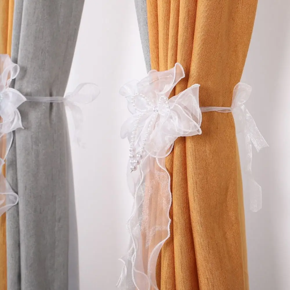 Easy to Use Curtain Bow Tiebacks Pearl Bow Design Light Luxury Pearl Bow Curtains Straps Princess Style Curtains Binding Rope