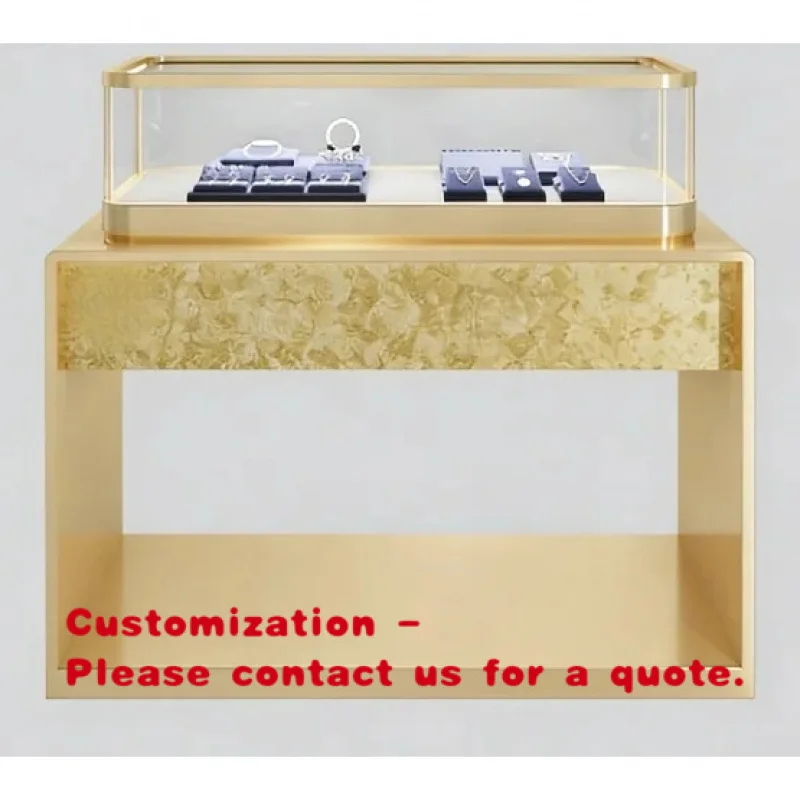 

custom.High End Custom Gold Framed Jewelry Display Cabinet with LED Lighting and Marble Texture Panel Luxury Jewelry Retail