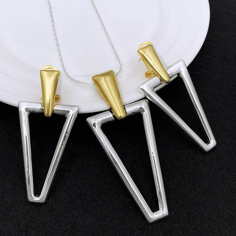 

Two Tone Triangle Pendant Necklace And Earrings Women Jewelry Fashion Trending Wedding Party Gift