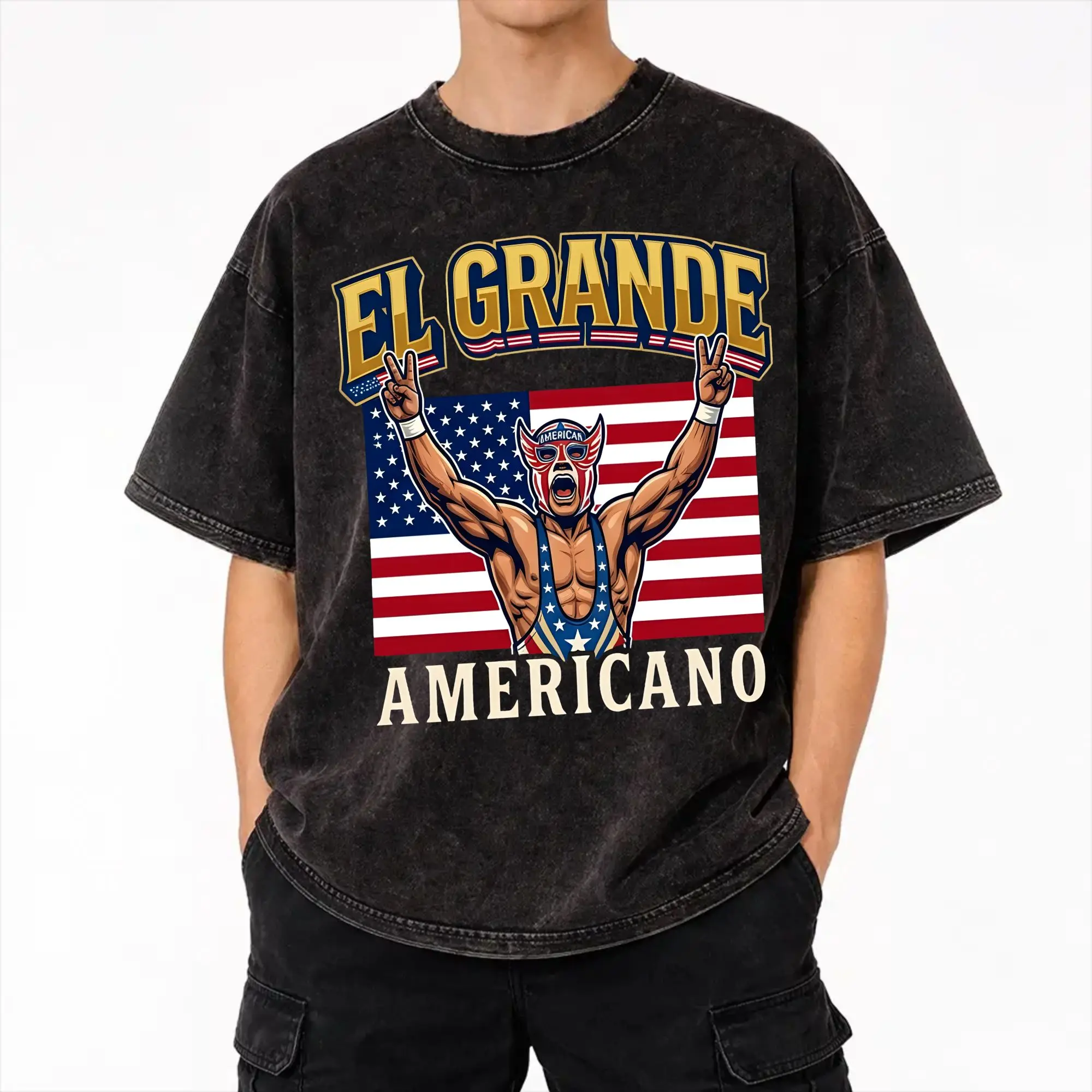 El Grande Americano Pro Wrestling  Accessories Washed T Shirts for Men Women Streetwear Hip Hop T-Shirt Graphic  Tees Tops