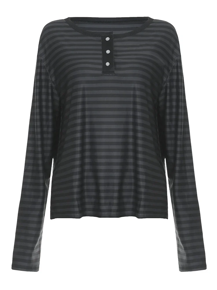 2025 스트라이프 프린트 Y2K 루즈 티 셔츠 긴 소매 Botton 한국 미적 패션 의류 빈티지 streetwear 탑스