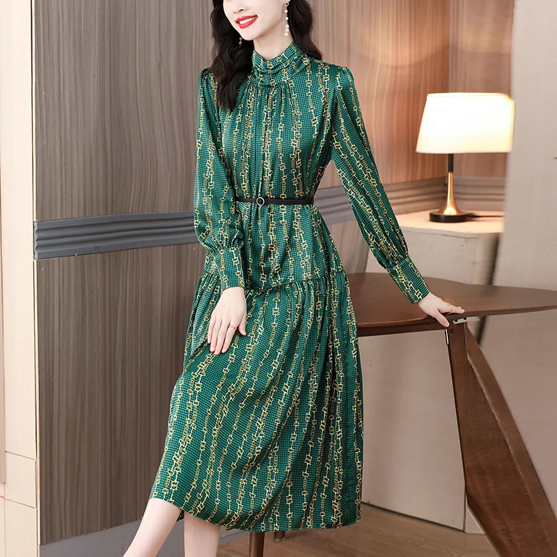 

2023 Autumn New Arrival High Quality Turn-down Collar Solid Color M-4XL Sleeve Women Long Dress With Belt