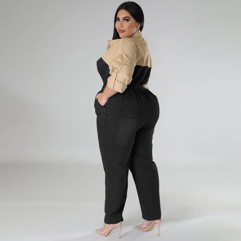 Plus Size Large Women\'s Jumpsuit New Denim Color Contrast Long Sleeve Jumpsuit Loose Fashion Casual Bodysuit Female Clothing