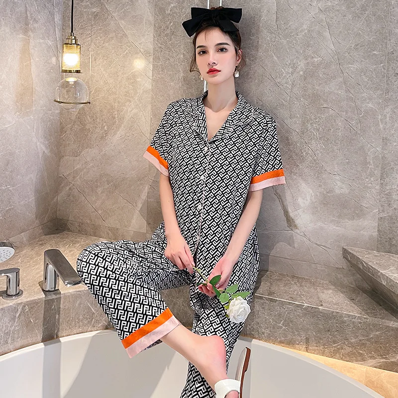 

Rayon Pajamas Set Trouser Suits Short Sleeve Pijamas Suit Sexy 2PCS Sleepwear Loose Home Clothes Women Nightwear Black Homewear