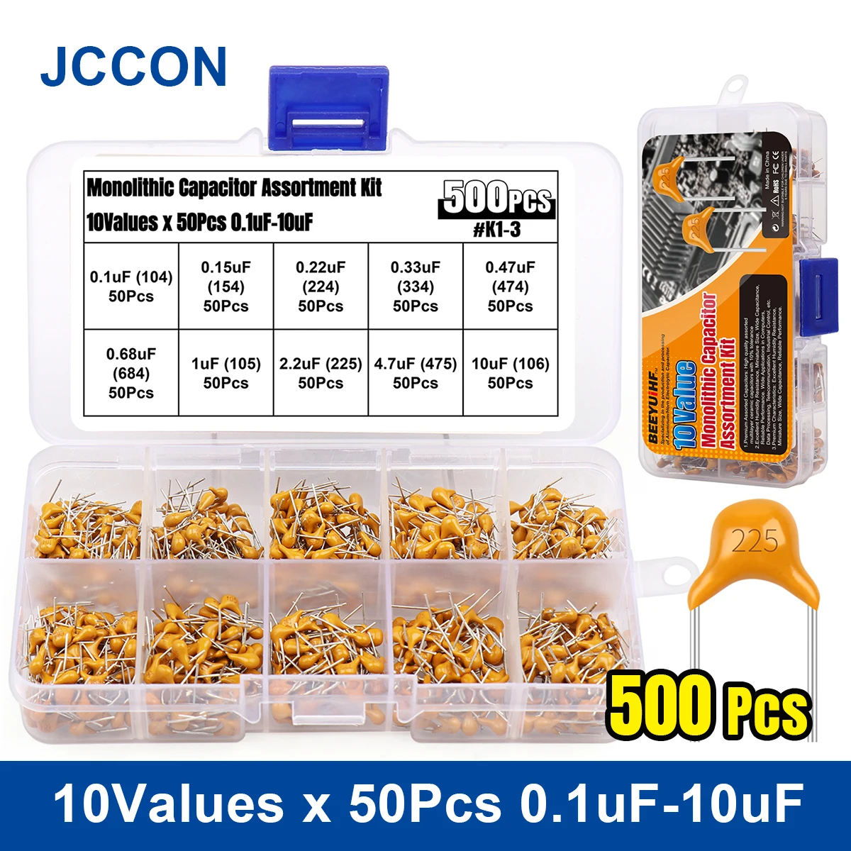 JCCON 500Pcs Ceramic Capacitor Assortment Kit 0.1uF-10uF Multilayer Monolithic 10Values 50Pcs per Value for Audio Circuits DIY