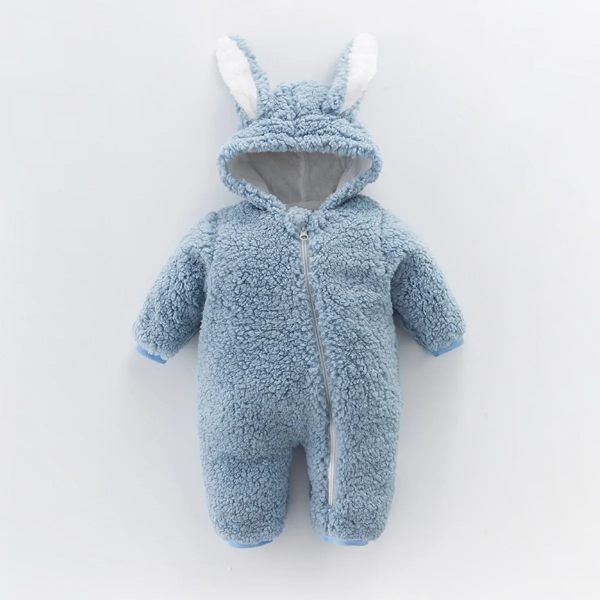 Baby Winter Sherpa Fleece Romper with Bunny Ear Hood Thick Warm Zip-Up Jumpsuit for Newborn Infants Ribbed Cuffs Unisex 0-12M