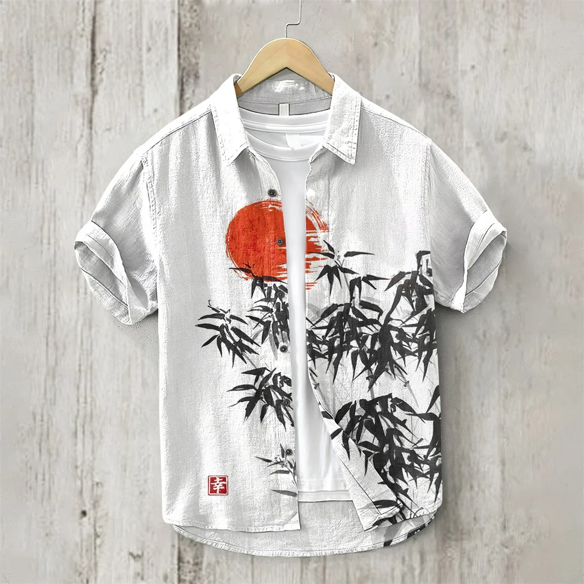 Sunrise Bamboo 3D Printed Short Sleeved Shirt, Flax Collar, Bamboo Joint Cotton, Loose and Comfortable Hawaiian Shirt