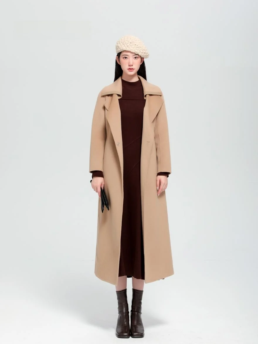 

Double-Faced Woolen Coat Classic Long Wide-Sle Turn-down Collar Double-Sided Tweed Jaet Ele Lady Commute Sle