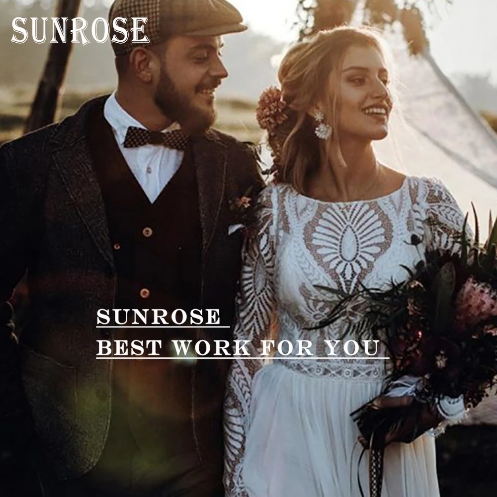 SUNROSE Boho Wedding Dresses for Women 2025 A Line Long Sleeve Lace Chiffon Rustic Bridal Gowns Bohemia Bride Dress Customized