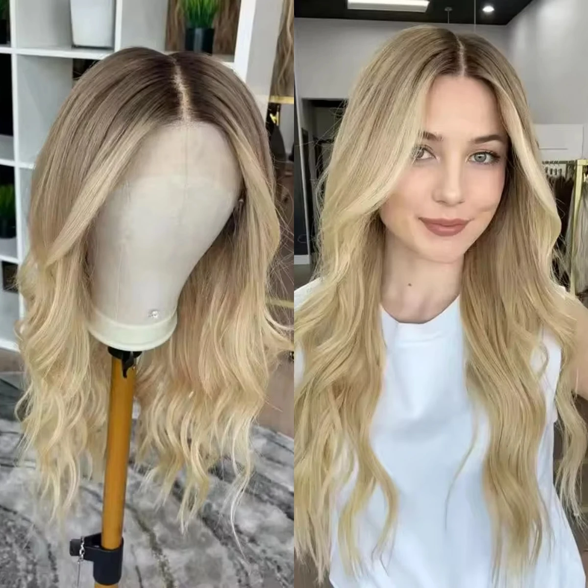 

180% Светло-русые полные парики высокой плотности с темными корнями Длинная длина Объемная волна Ombre Синтетические кружевные фронтальные парики Брюнеттовое волокно