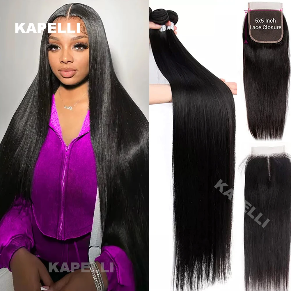 Closure 5x5 with Bundles Human Hair Bundles with 13x4 Lace Frontal Tissage Straight Brazilian Weave Bundles With Closure 4x4