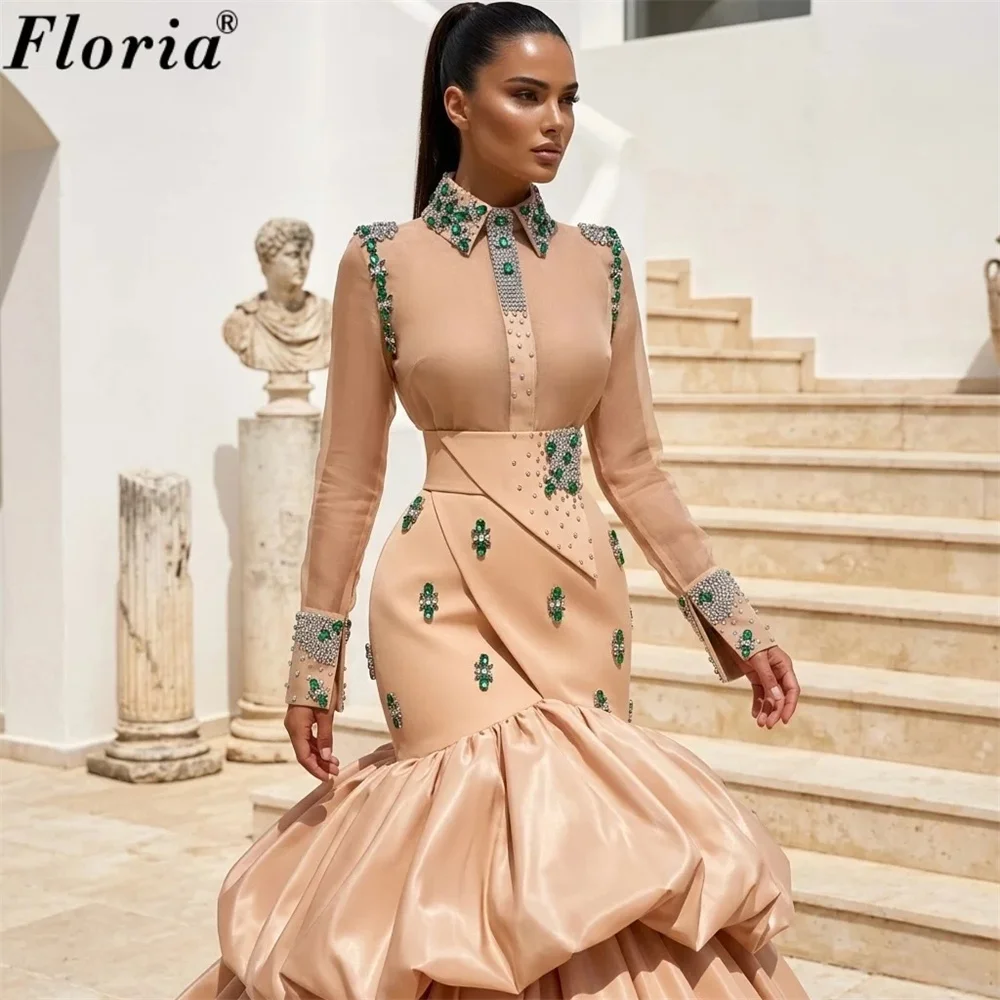 Champagne Puffy Skirt Beaded Evening Dresses Customized Long Sleeves Girls Prom Dress Plus Size Diamonds Wedding Party Gowns