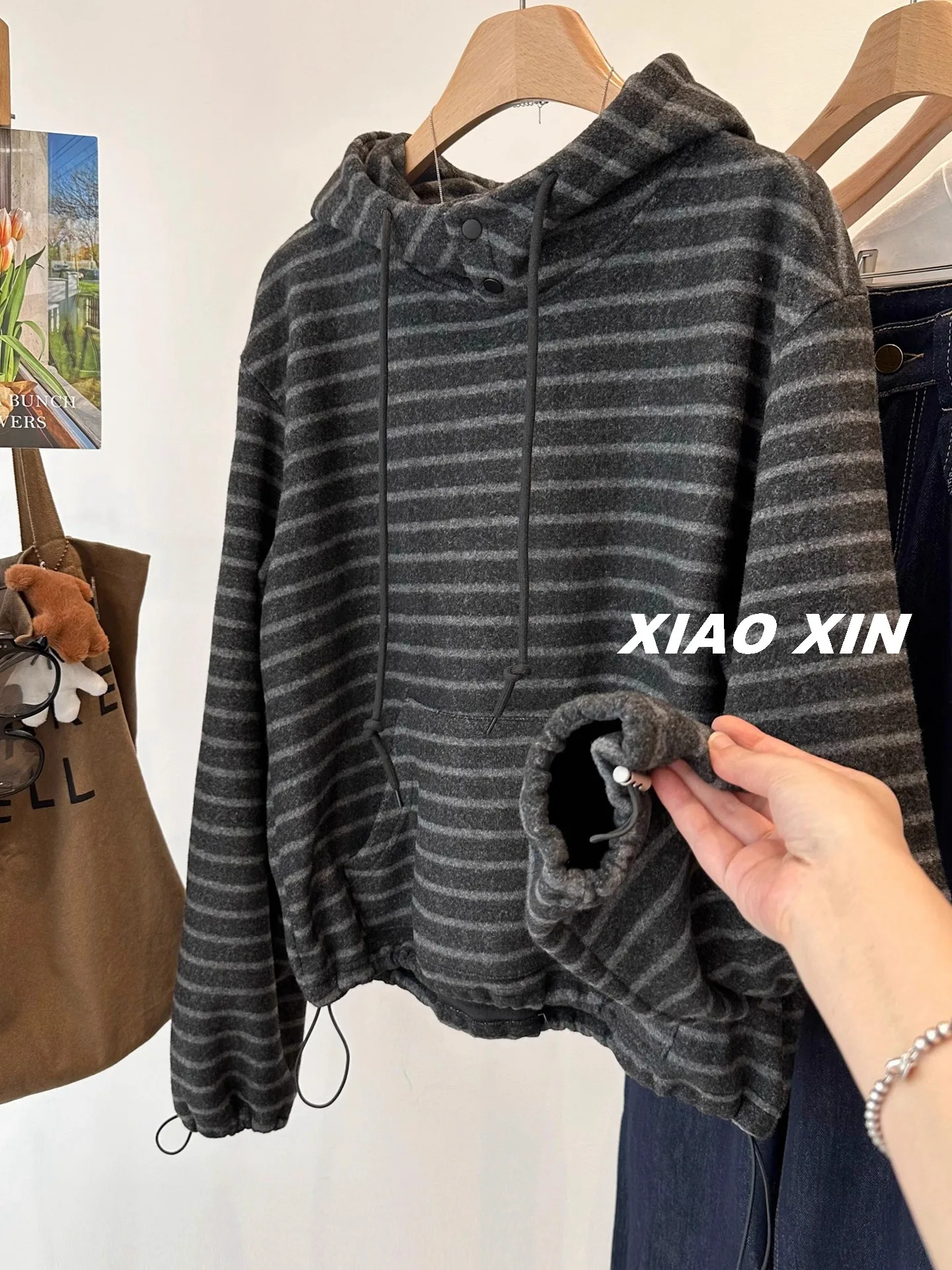 

plus Size ey Striped Button Hoodie Women's Autumn Winter Loose Fce Lined Brued Sweatirt Korean Sle round Ne Long...
