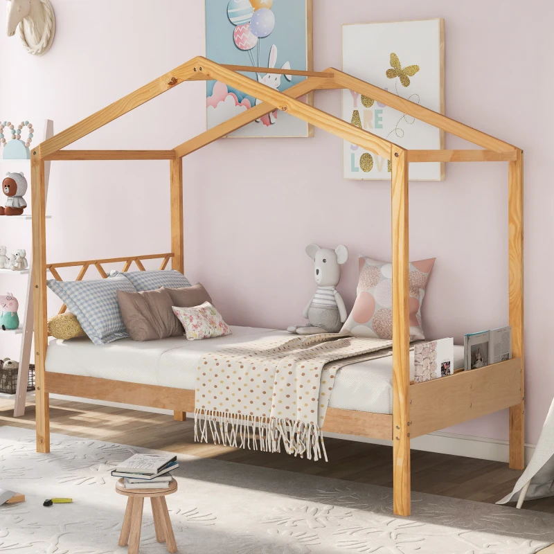 Natural Wood House cama com armazenamento, Twin Size